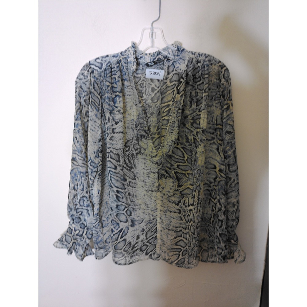 Zara Blouse Womens XS Blue Snakeskin V-Neck Ruffle Cuff Sheer Chiffon Top